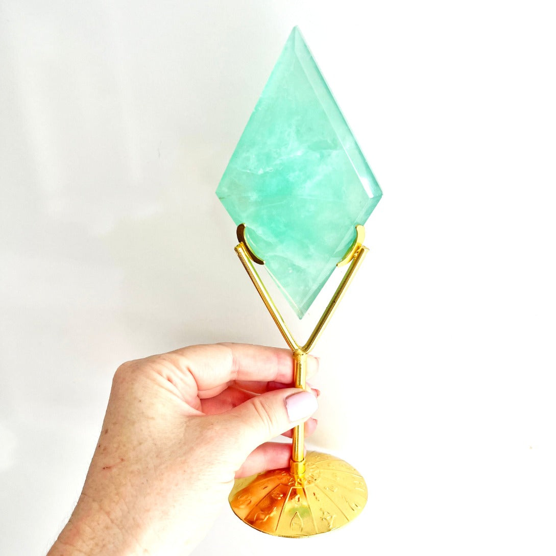 Light blue fluorite crystal on stand