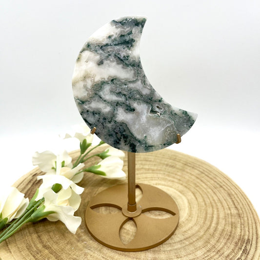 Moss Agate moon carving with stand