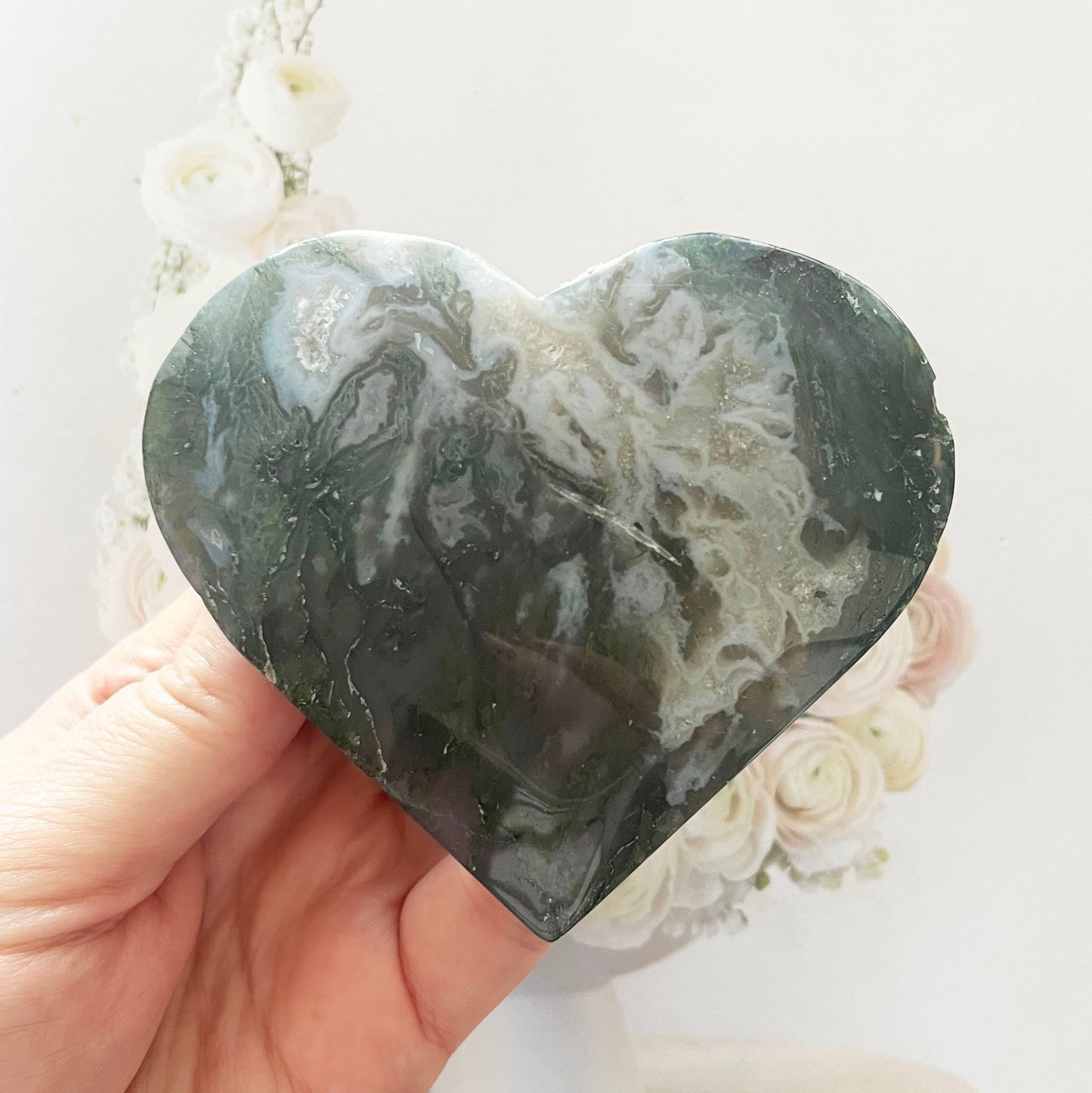 Moss Agate Heart on stand 7