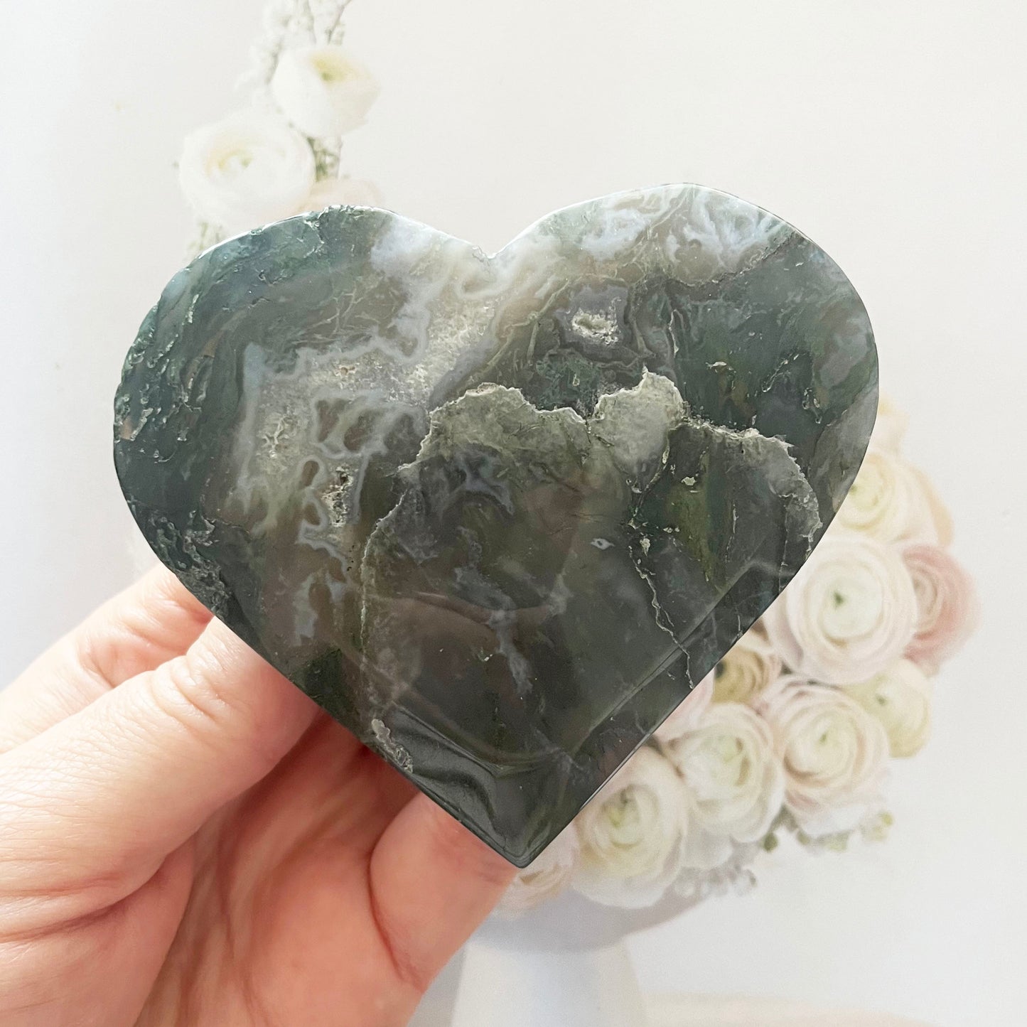 Moss Agate Heart on stand 7