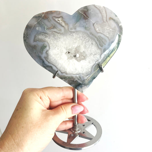 Moss Agate Heart on stand 2