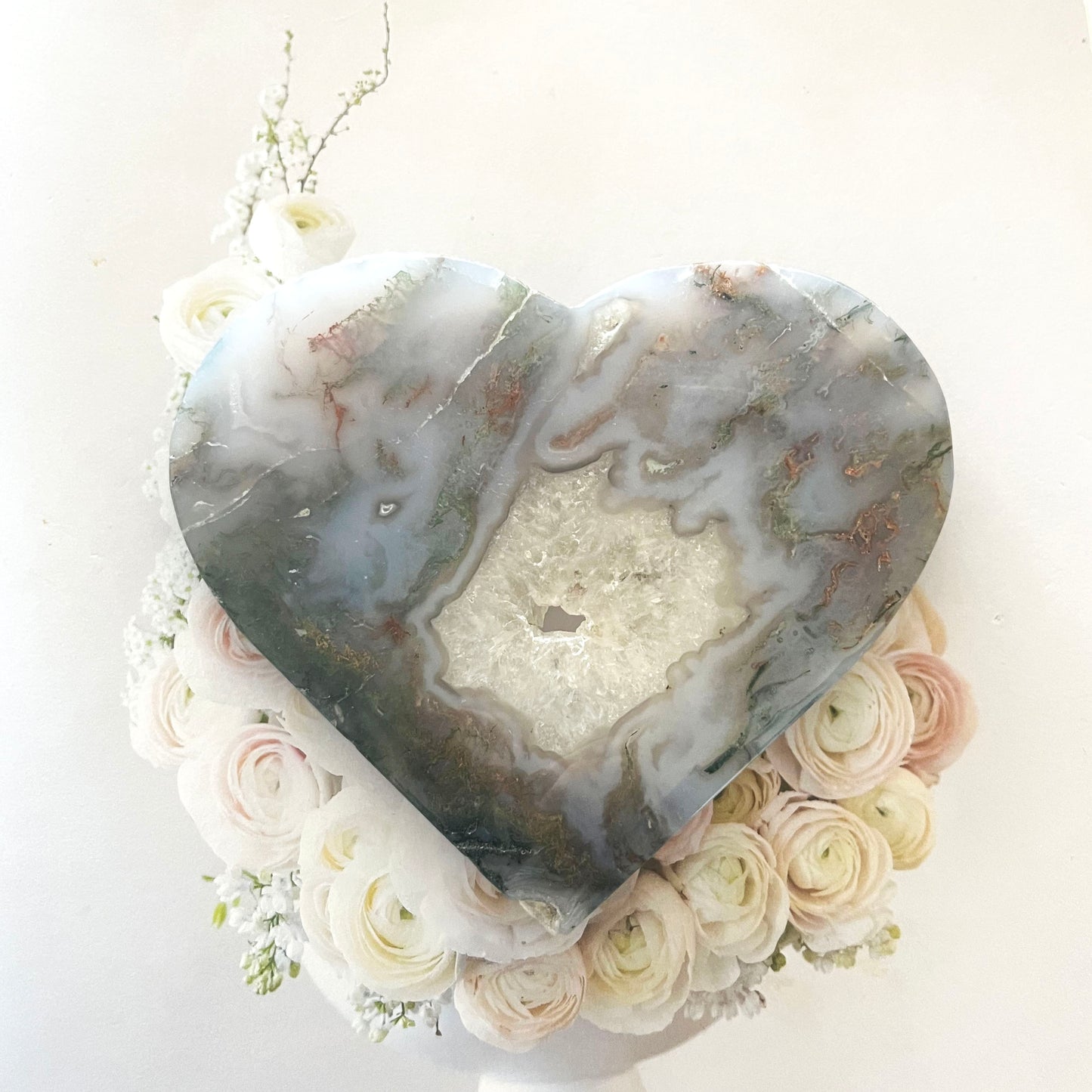 Moss Agate Heart on stand 2