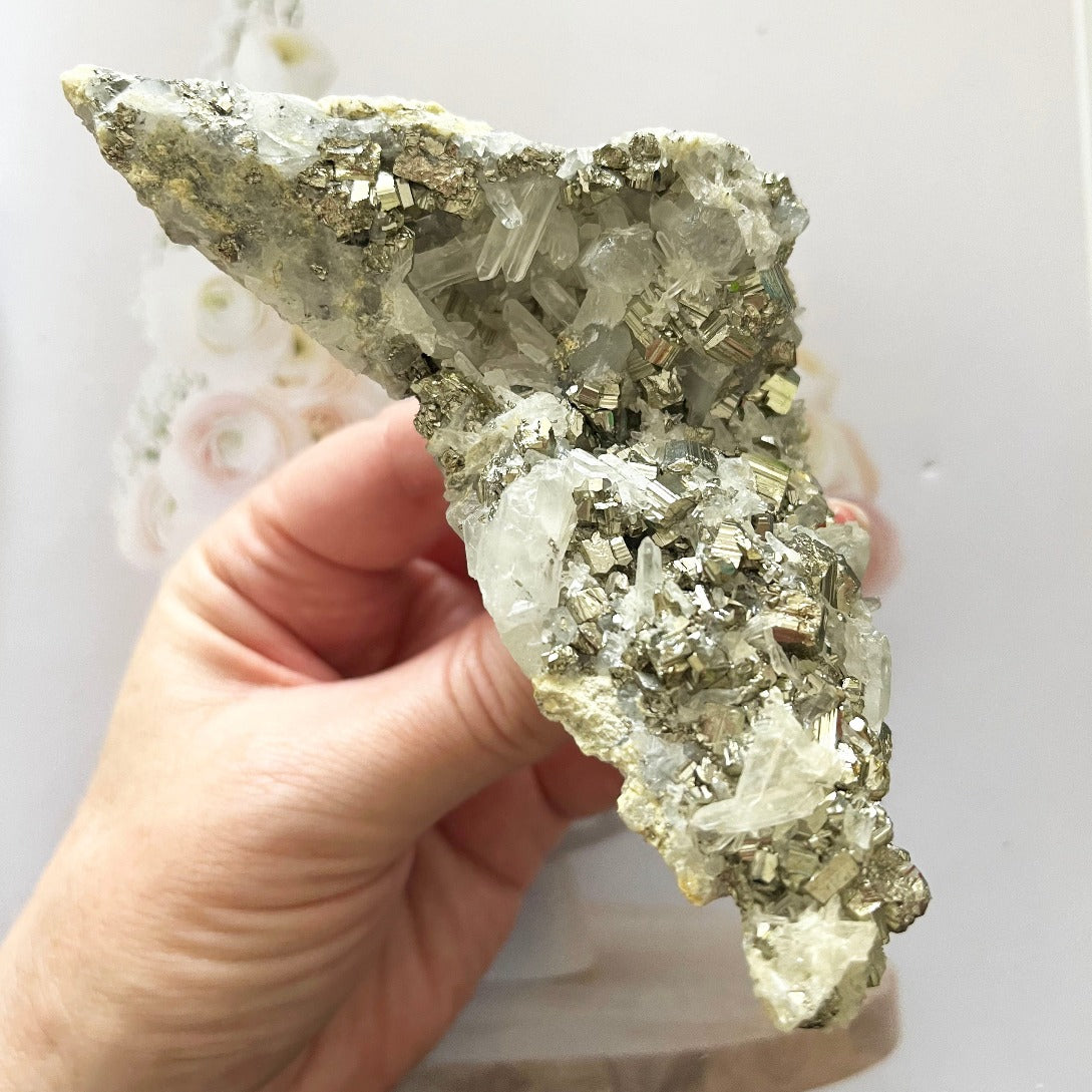 quartz cluster with pyrite cubes