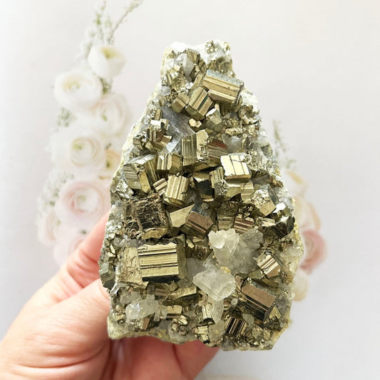 quartz cluster with pyrite cubes
