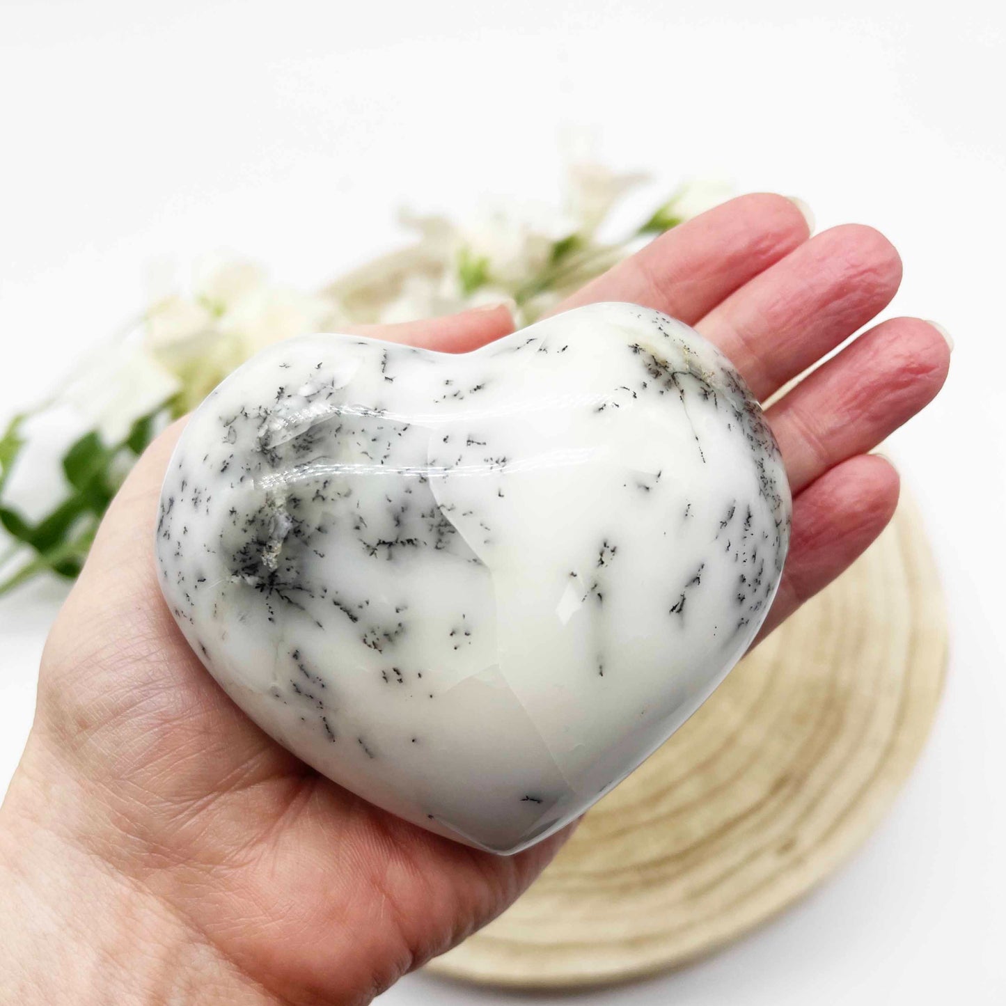 Dendritic opal heart polished stone