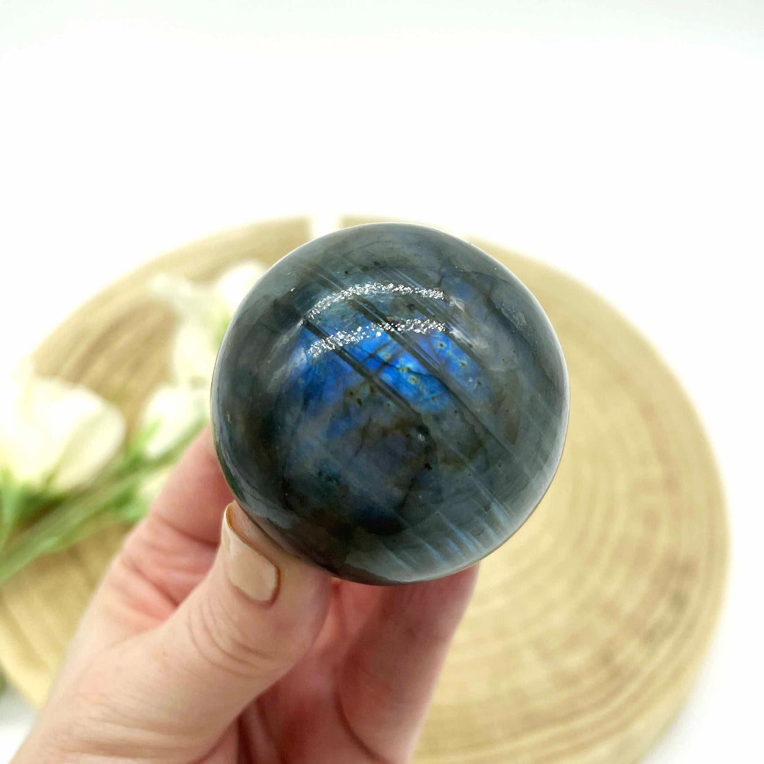 Polished crystal labradorite sphere. Someday Dream Co. Crystals and Minerals online Australia