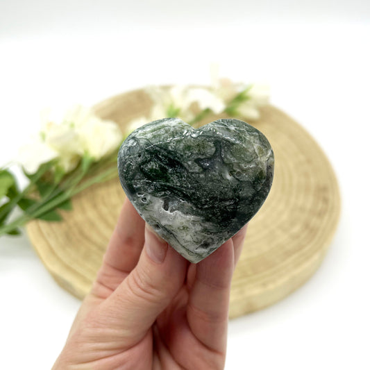 Moss Agate polished crystal heart carving