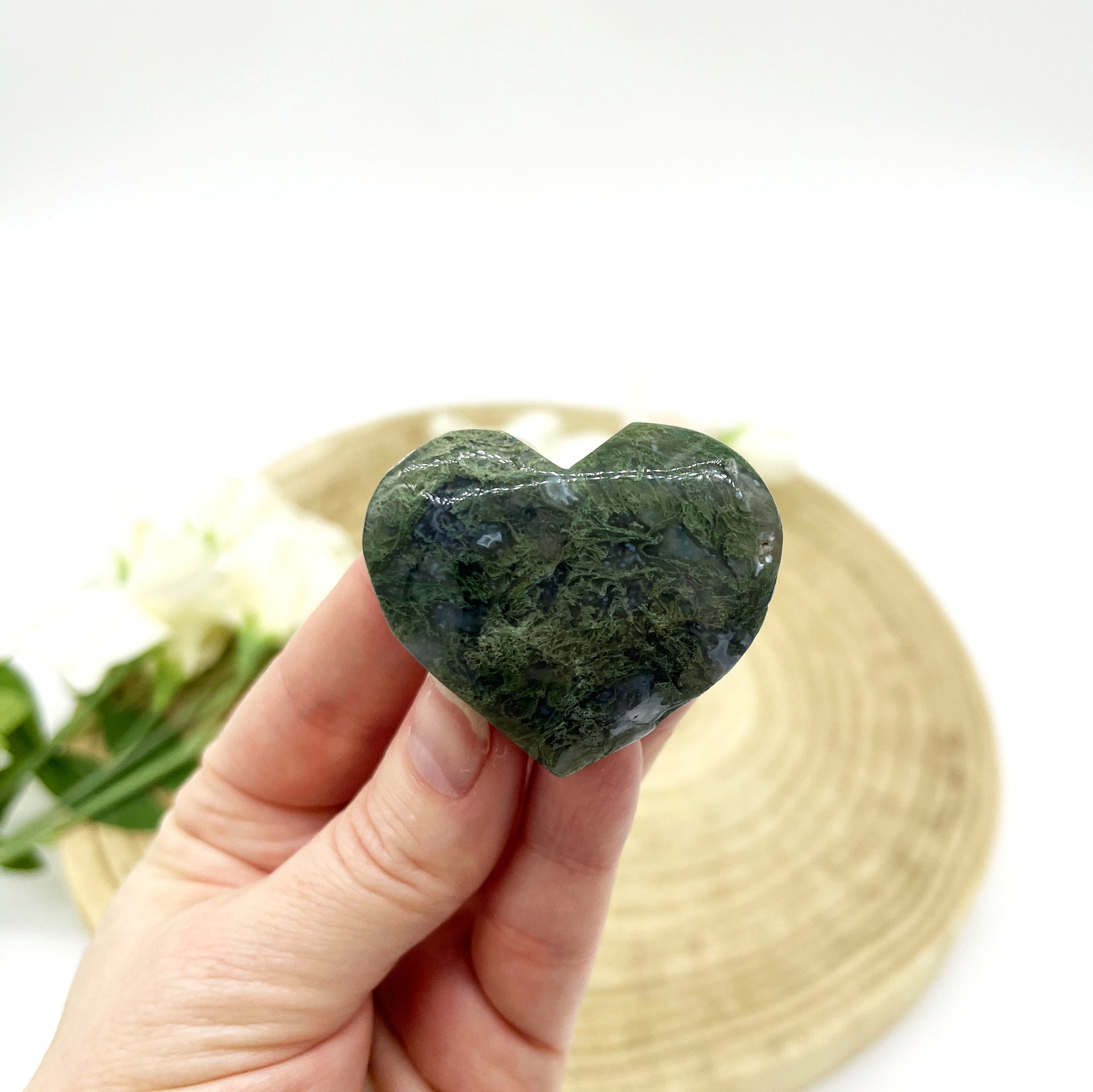Moss Agate polished crystal heart