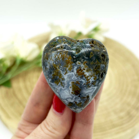 Polished moss agate stone heart