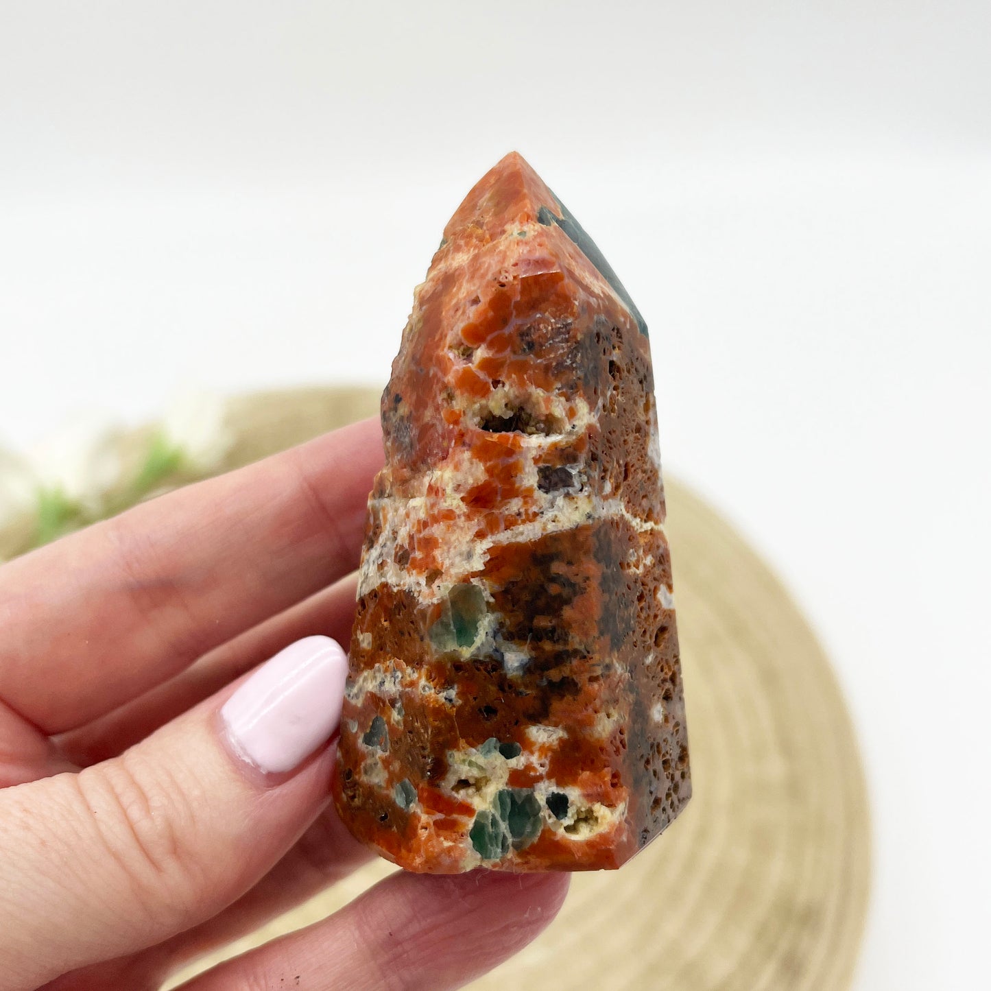 Rare orange calcite with blue apatite polished stone generator Australia