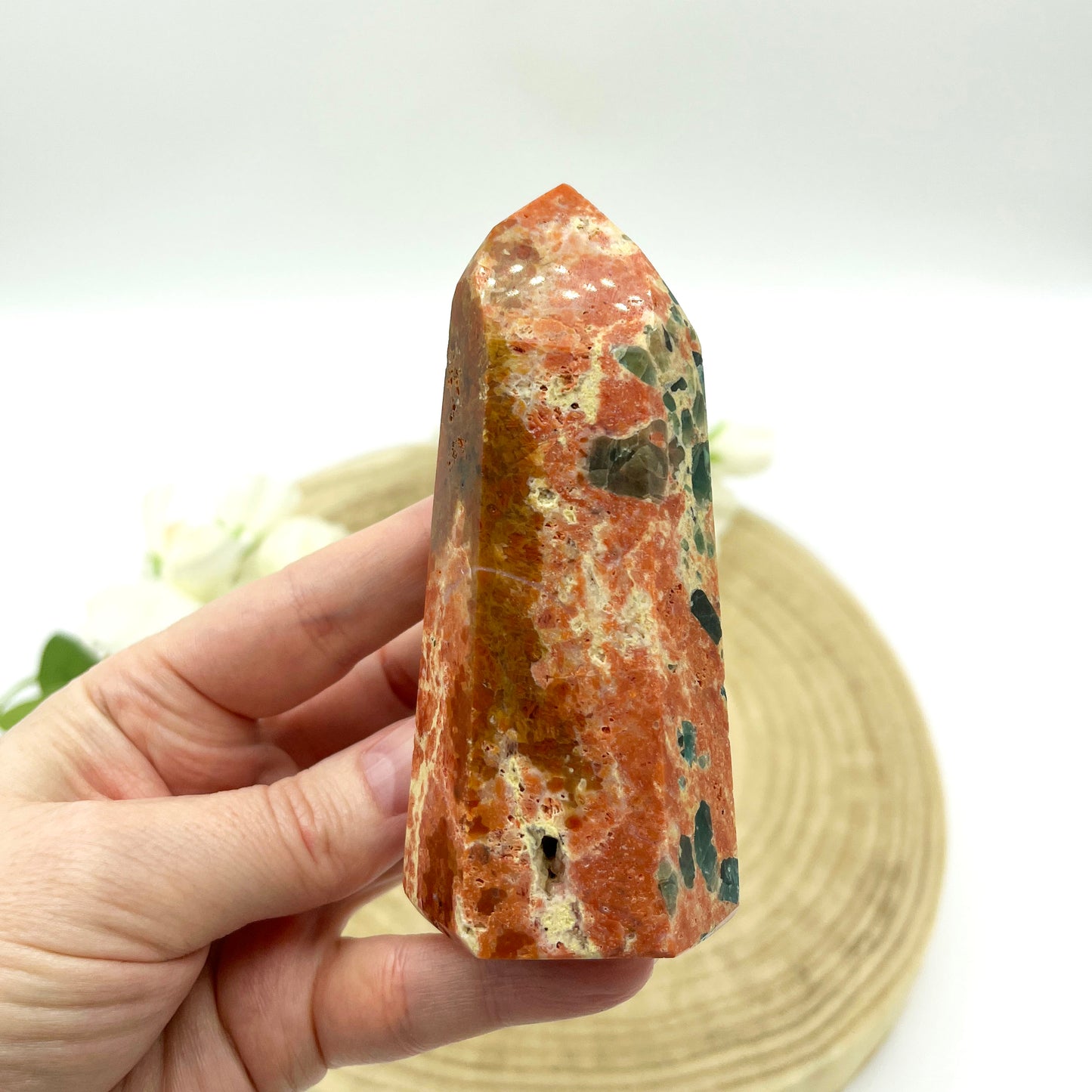 orange calcite with blue apatite crystal generator. Someday Dream Co