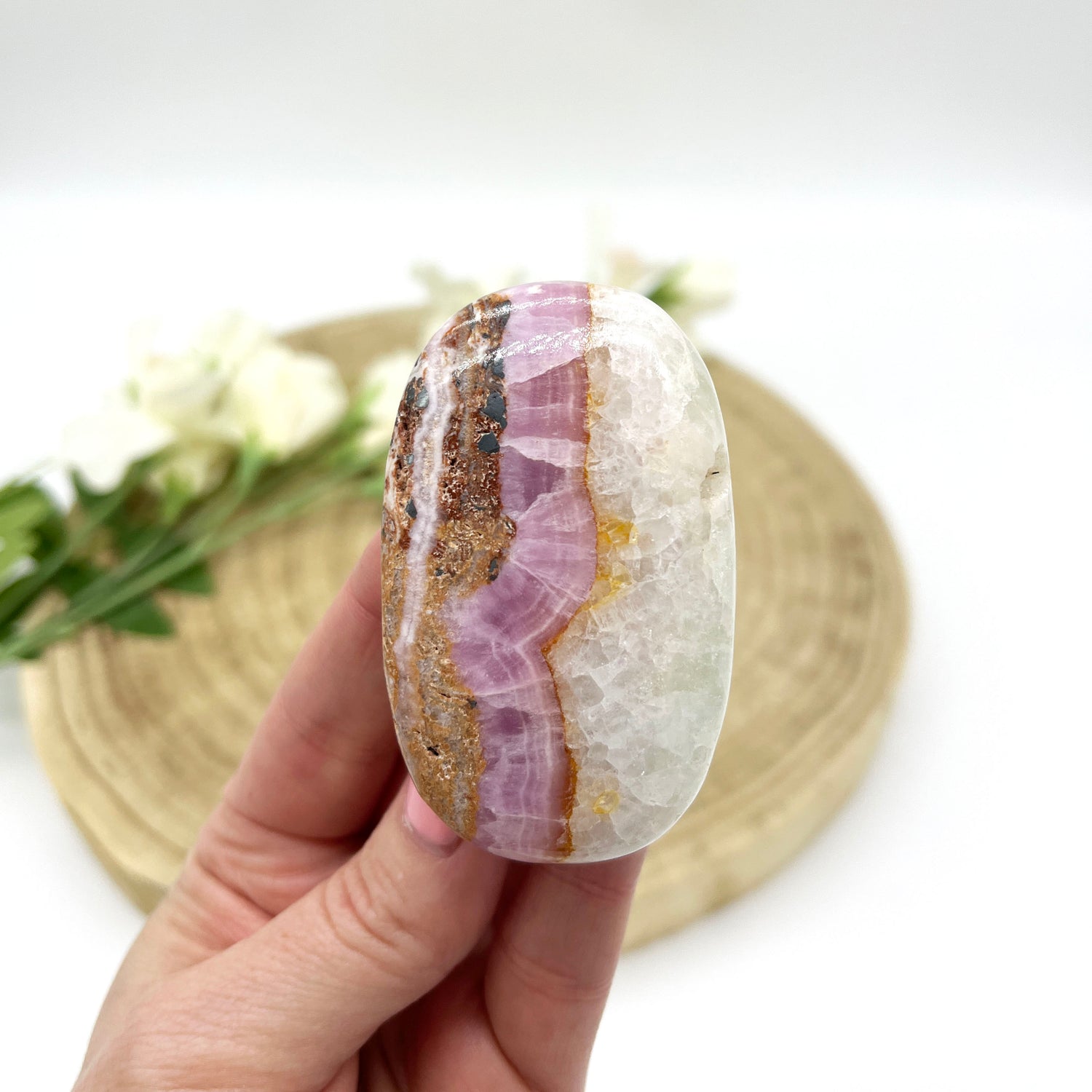 pink aragonite palm stone polished crystal