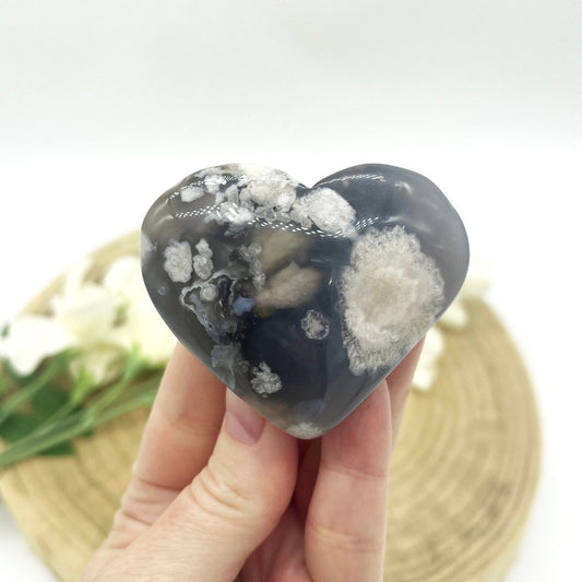 Black flower agate heart crystal