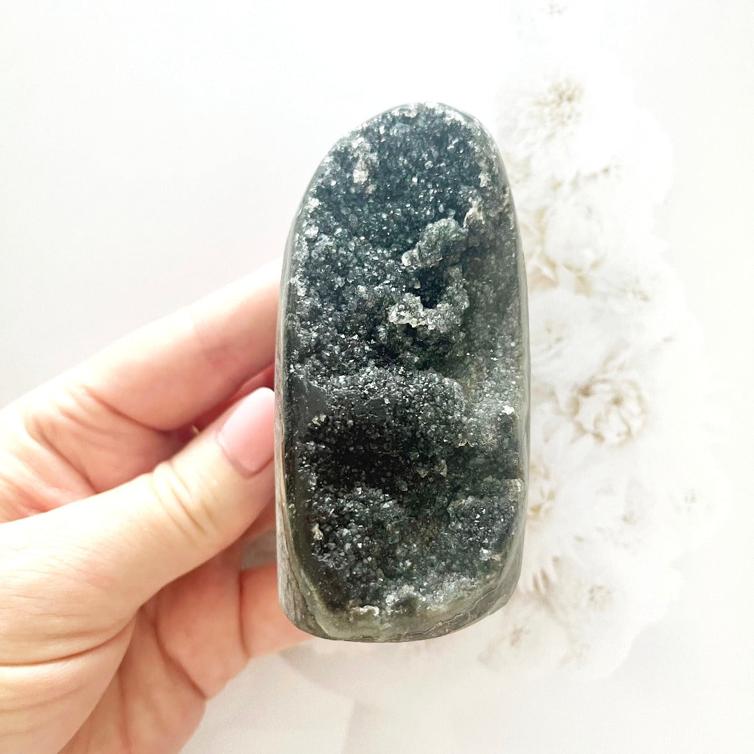 Black amethyst cut base cluster