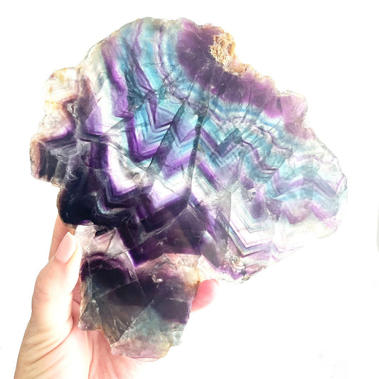 Rainbow fluorite crystal slab