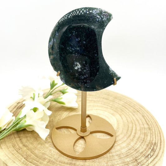 Moss Agate crescent moon on stand