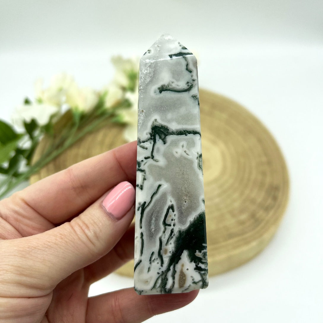 Druzy moss agate obelisk tower