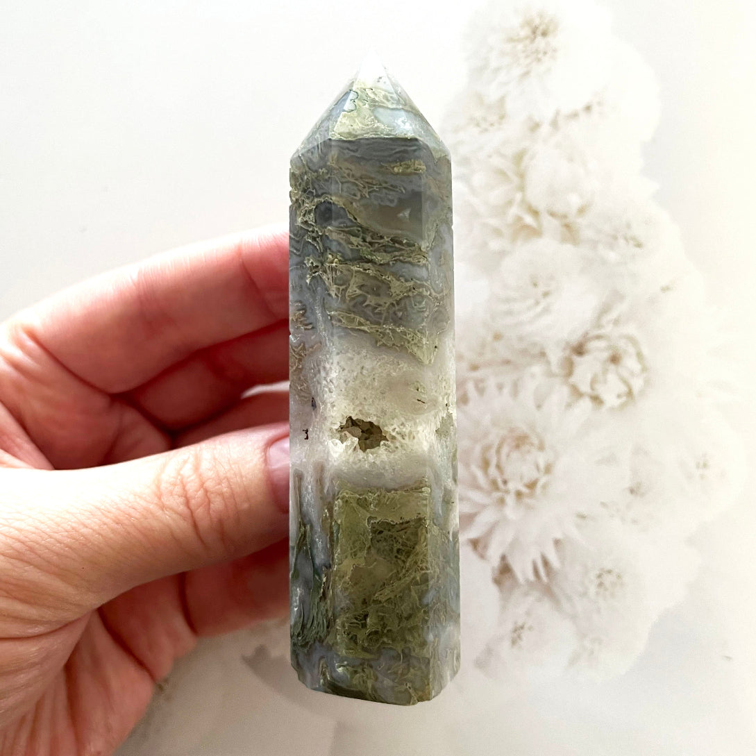 Moss agate druzy tower