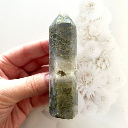 Moss agate druzy tower