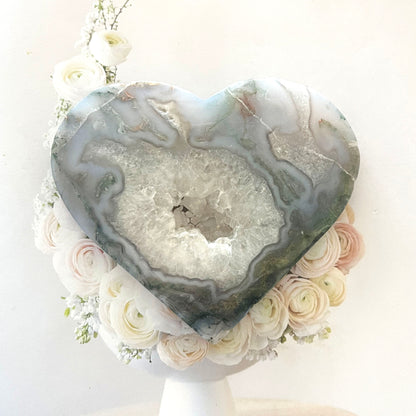 Moss Agate Heart on stand 2