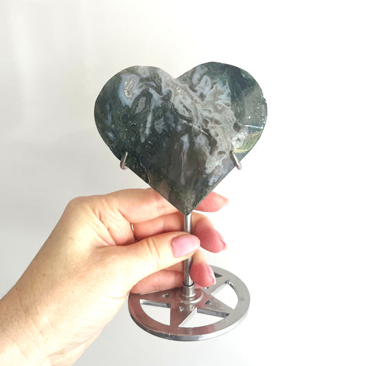 Moss Agate Heart on stand 7