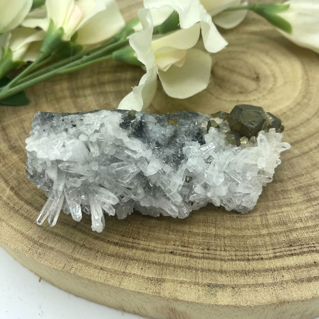 Quartz cluster with pyrite