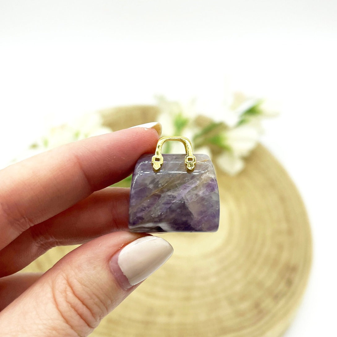 Amethyst mini handbag crystal carving. Someday Dream Co