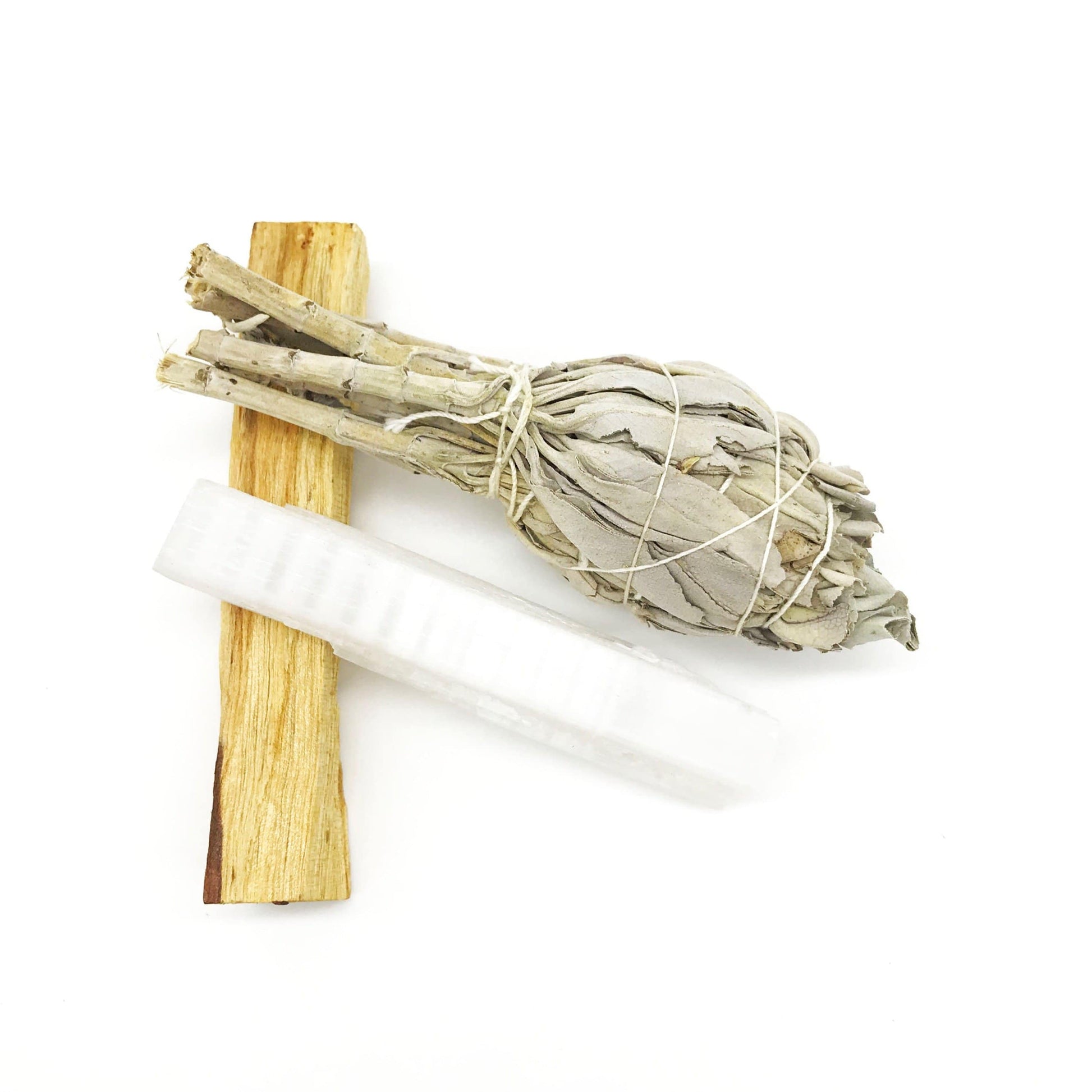 Selenite, Palo Santo stick and white sage smudge stick