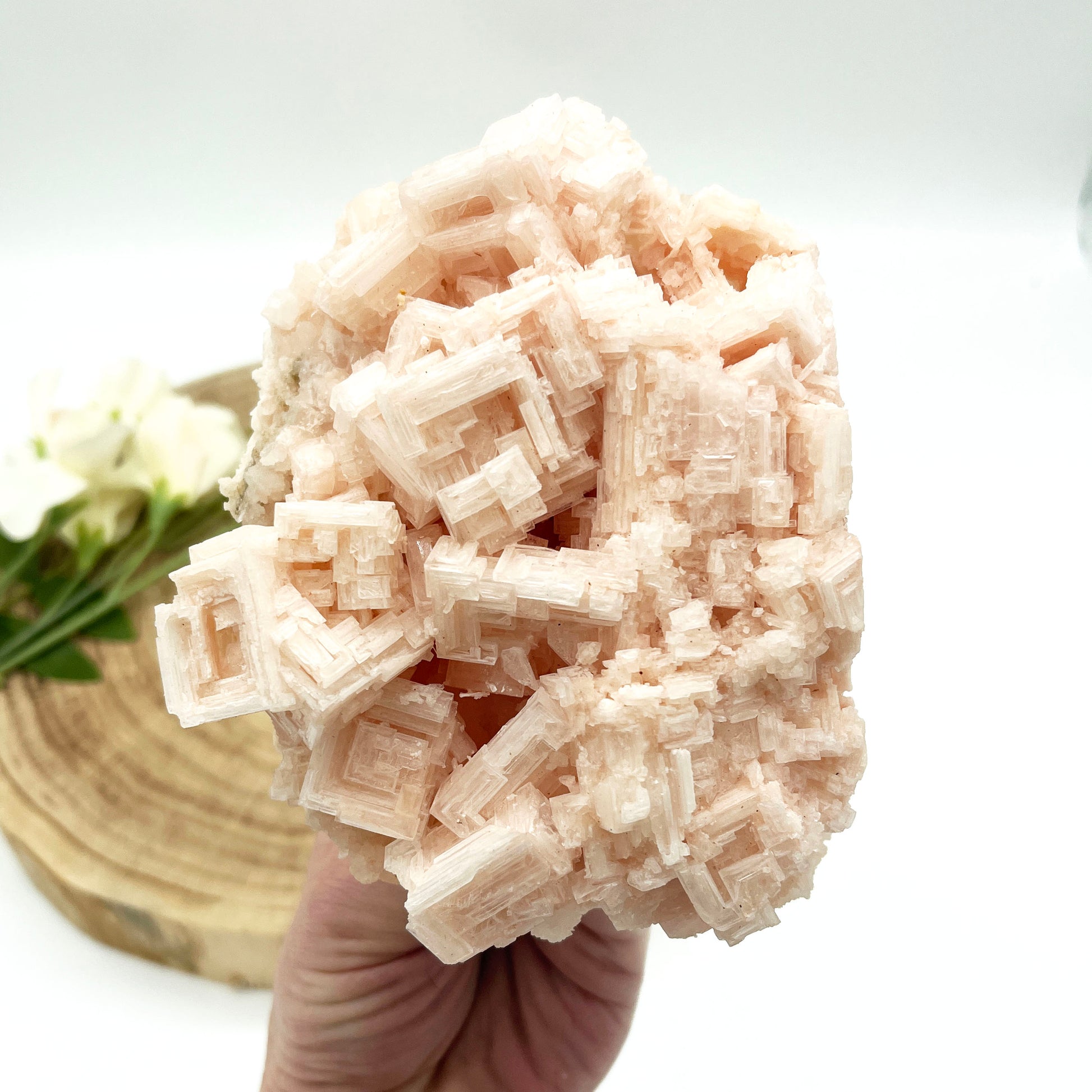 Pink halite mineral salt crystal