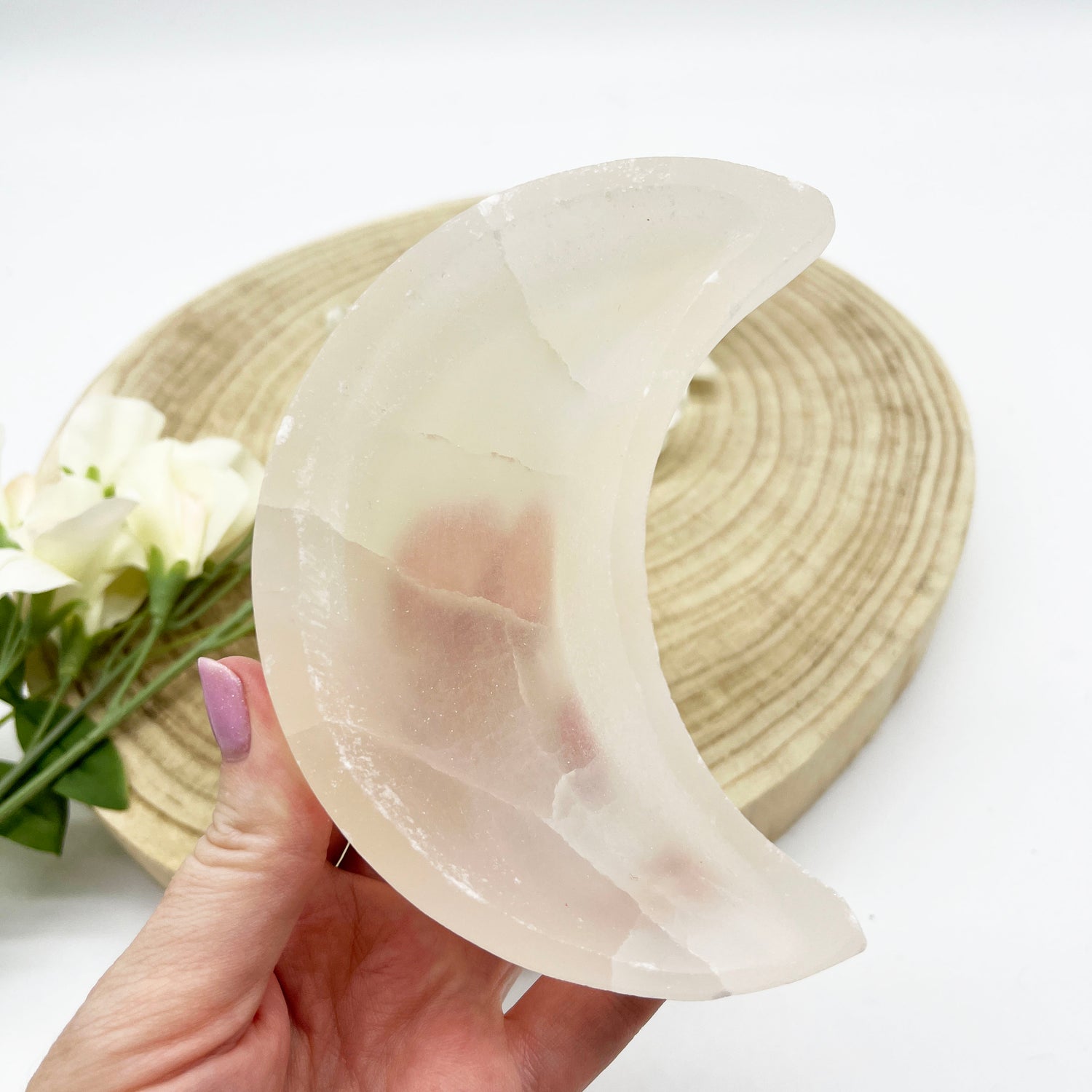 selenite bowl. selenite moon shaped bowl for cleansing crystals